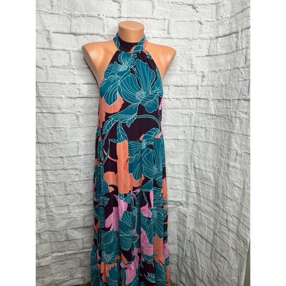 Trina Turk Sunglasses Maxi Dress Green Purple Tiered Sleeveless Halter Sz Small - Picture 2 of 5